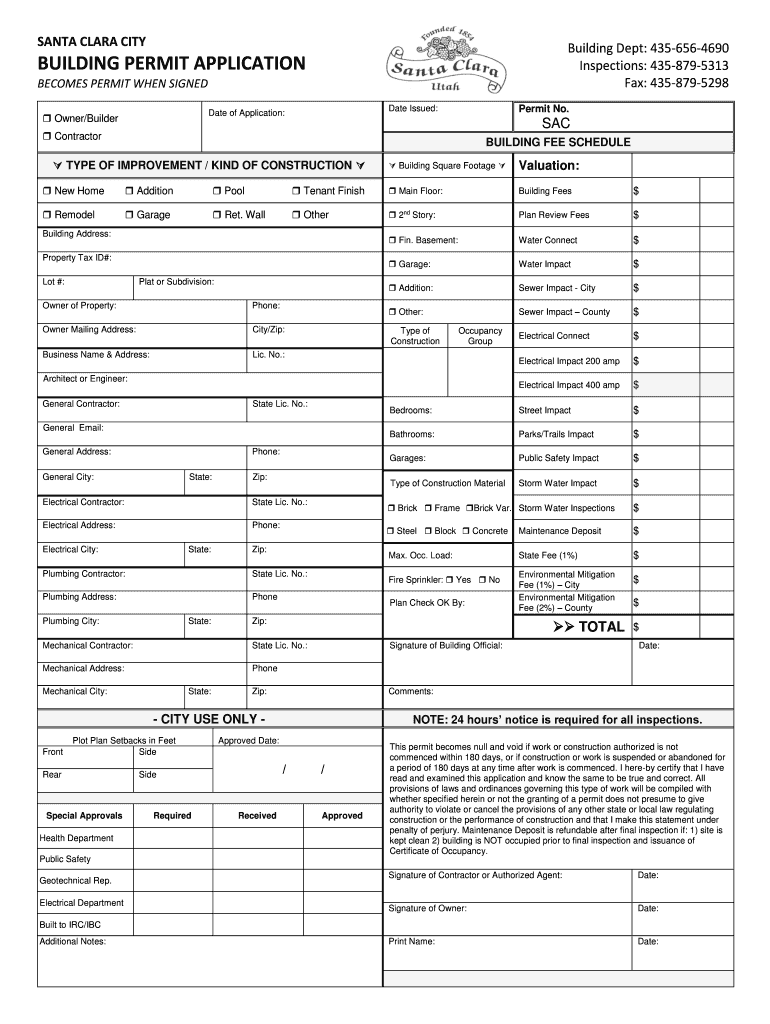 Fillable Online sccity SANTA CLARA CITY Building Dept 4356564690