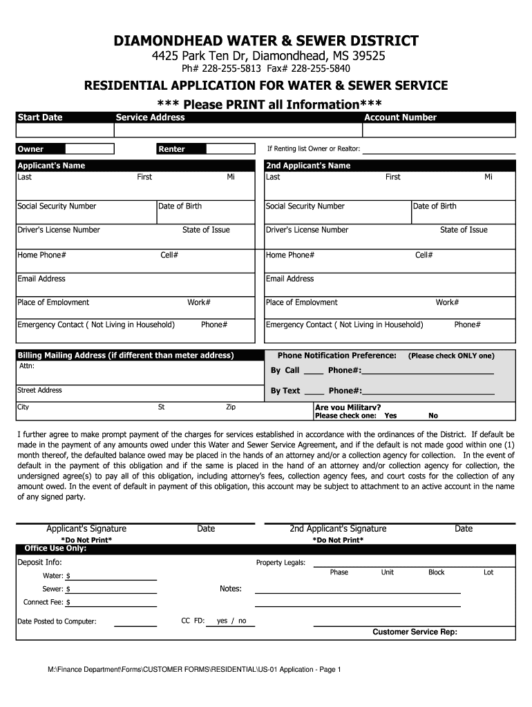 Fillable Online DIAMONDHEAD WATER & SEWER DISTRICT 4425 Park Ten Dr