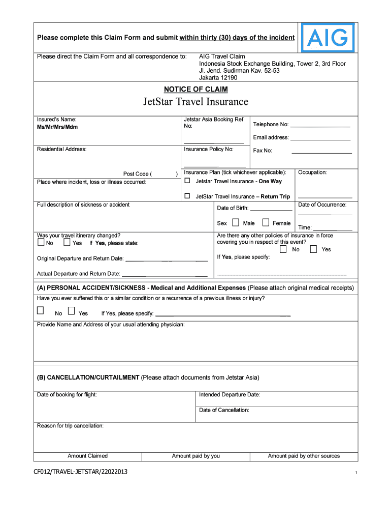 Fillable Online documents travelguard NOTICE OF CLAIM JetStar Travel