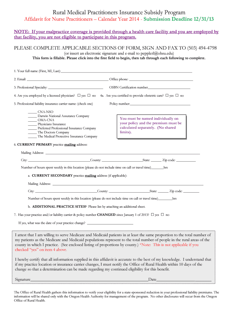 Fillable Online ohsu Rural Medical Practitioners Insurance Subsidy