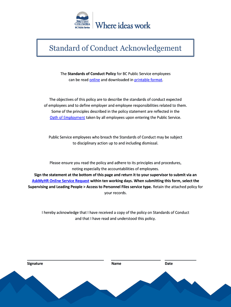 Fillable Online Standard of Conduct Acknowledgement Fax Email Print
