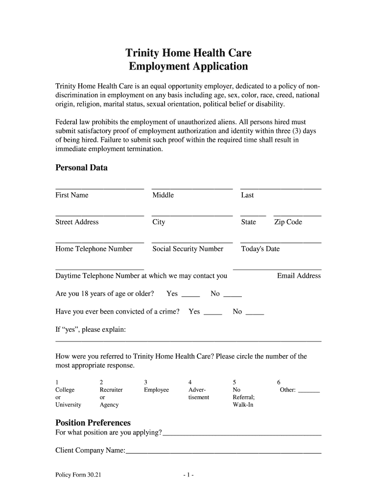 Fillable Online Trinity Home Health Care Employment Application Fax Email Print pdfFiller