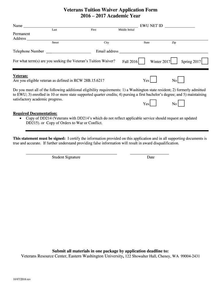 Fillable Online access ewu What is a Veteran s Tuition Waiver Fax Email