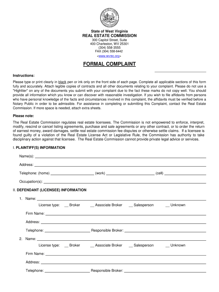 Fillable Online State of West Virginia REAL ESTATE COMMISSION Fax Email