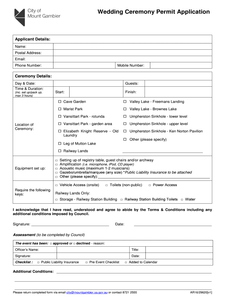Fillable Online mountgambier dcw lga sa gov Wedding Ceremony Permit