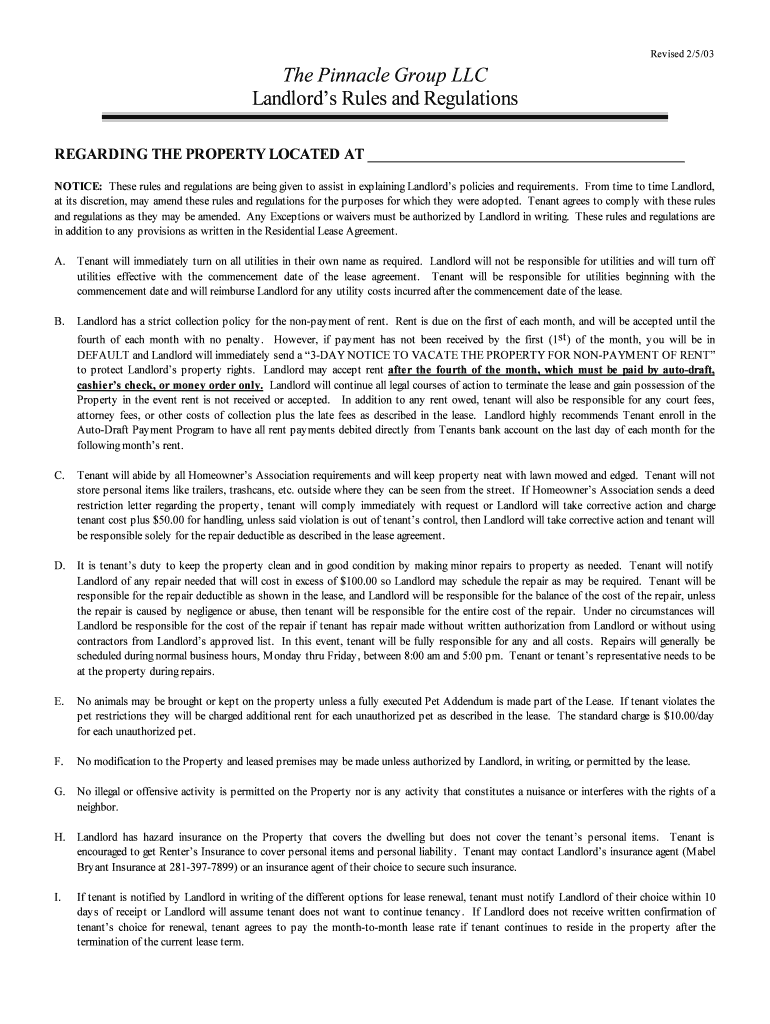 Fillable Online The Pinnacle Group LLC Landlord s Rules and Regulations