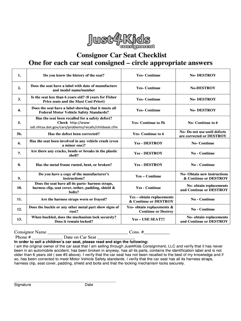 Fillable Online Consignor Car Seat Checklist Fax Email Print pdfFiller