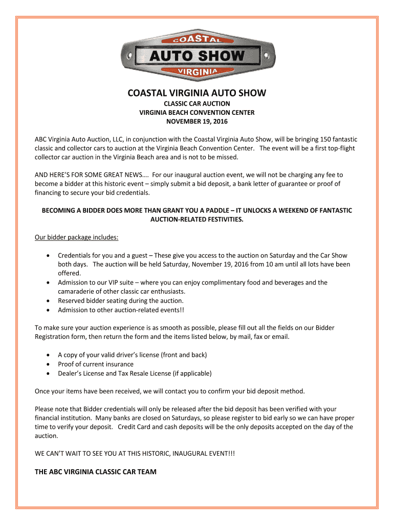 Fillable Online bidder Coastal Virginia Auto Show Fax Email Print