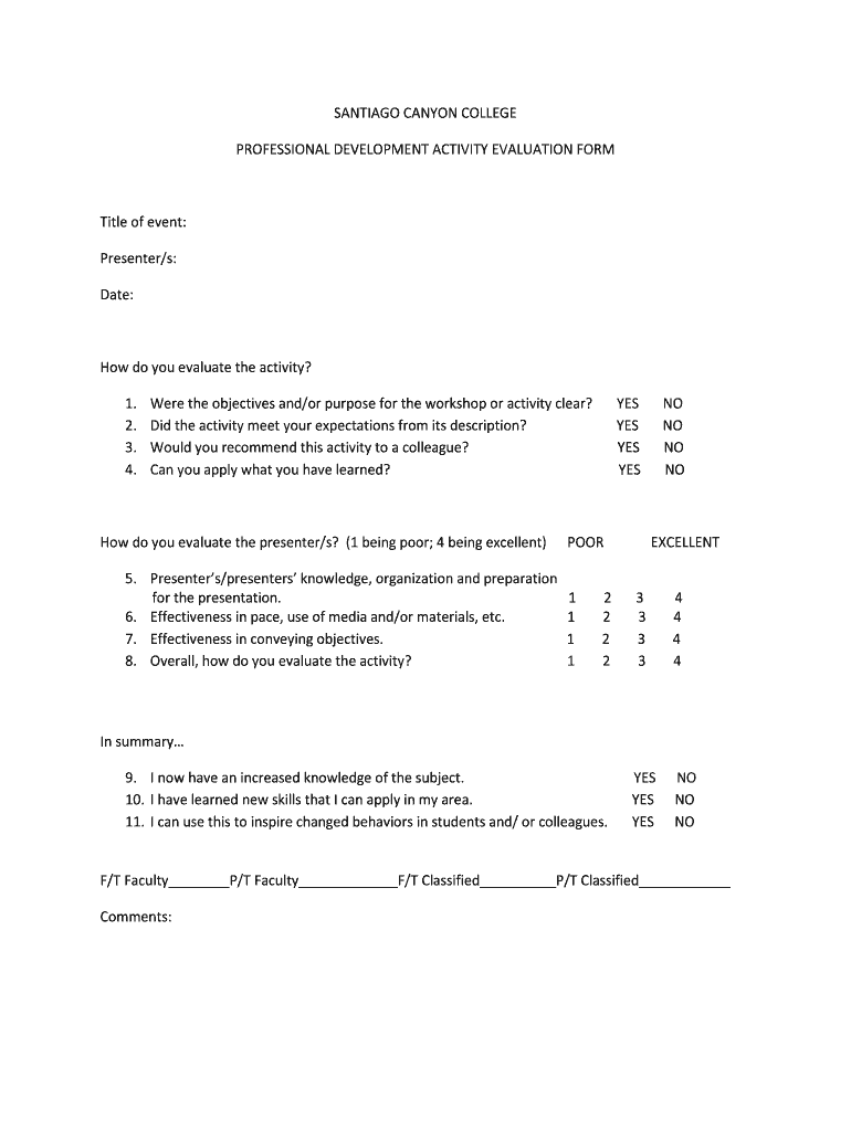 Fillable Online PROFESSIONAL DEVELOPMENT ACTIVITY EVALUATION FORM Fax