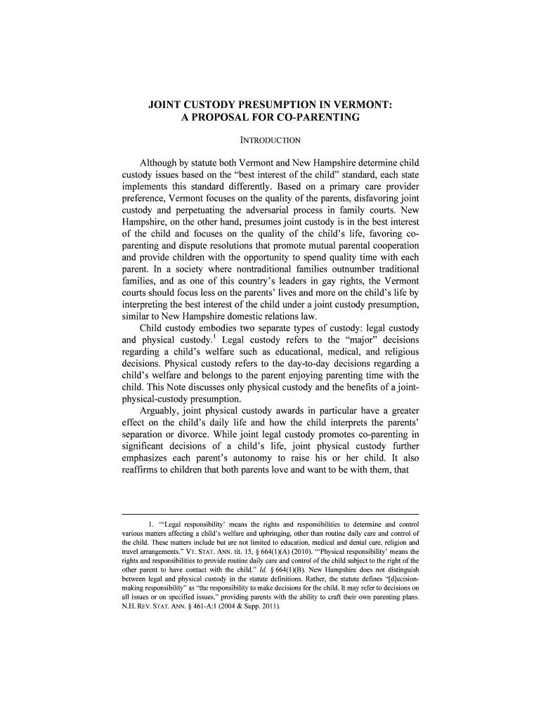 Fillable Online JOINT CUSTODY PRESUMPTION IN VERMONT Fax Email Print