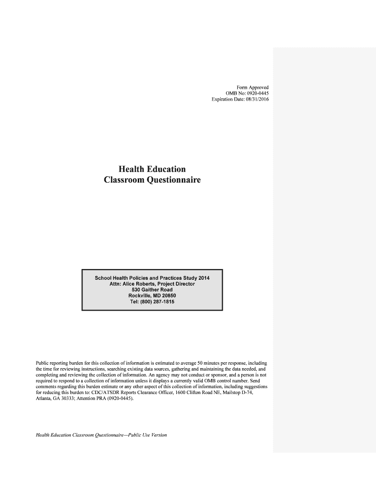 Fillable Online cdc Health Education Classroom Questionnaire cdc.gov