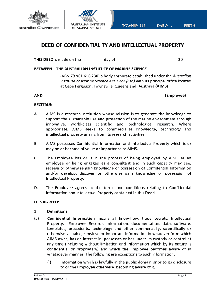 Fillable Online aims gov deed of confidentiality and intellectual property The Australian