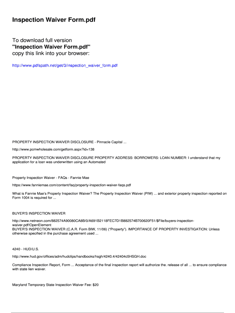 Fillable Online Inspection Waiver Form Fax Email