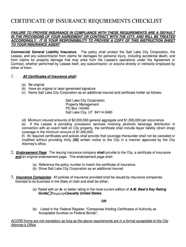 Fillable Online CERTIFICATE OF INSURANCE REQUIREMENTS CHECKLIST