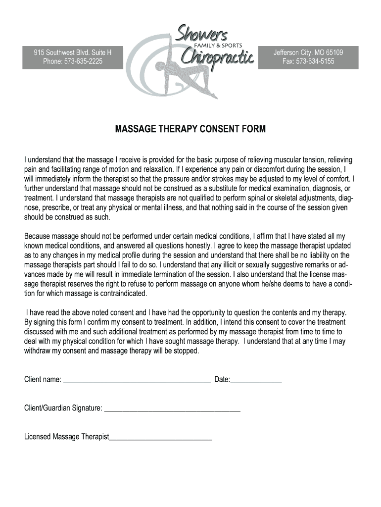 Fillable Online MASSAGE THERAPY CONSENT FORM Showers Chiropractic Fax Email Print pdfFiller