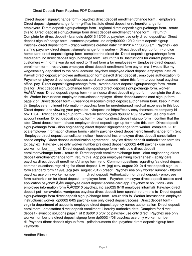 Fillable Online udto Direct Deposit Form Paychex PDF 930f1841bc0a37111d5701a524bdc66a. Direct