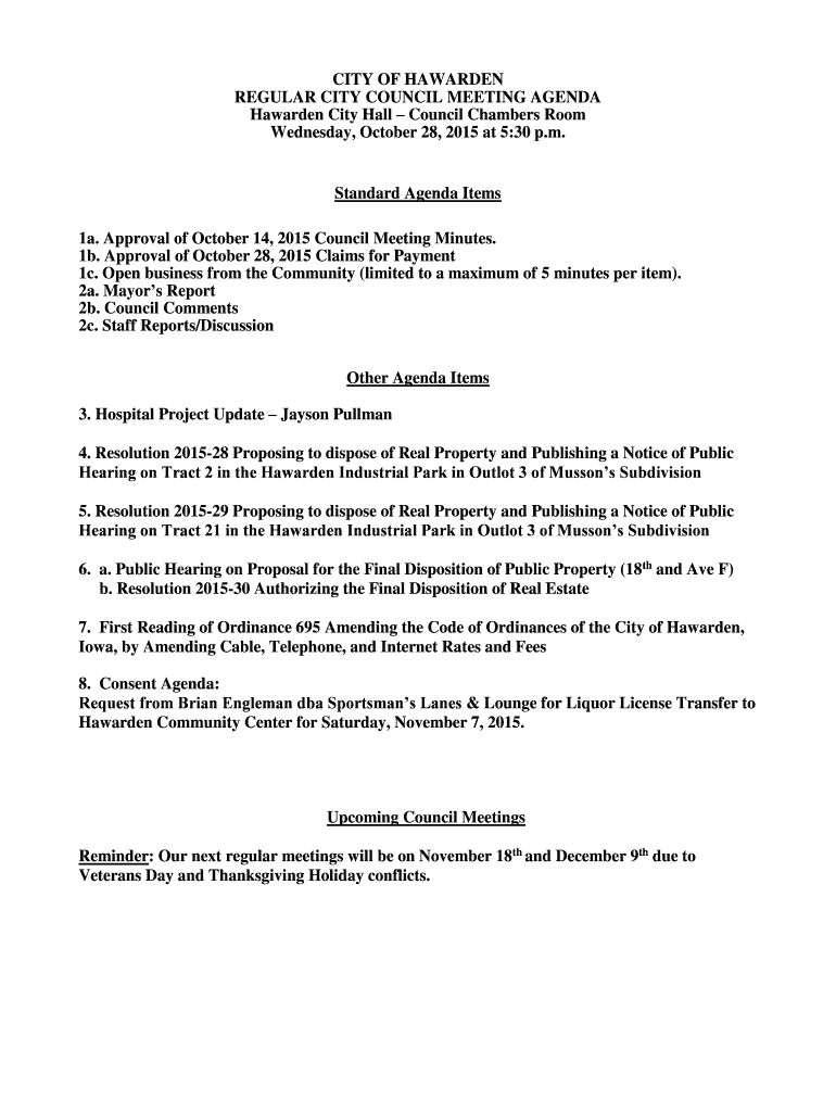 Fillable Online Hawarden City Hall Council Chambers Room Fax Email