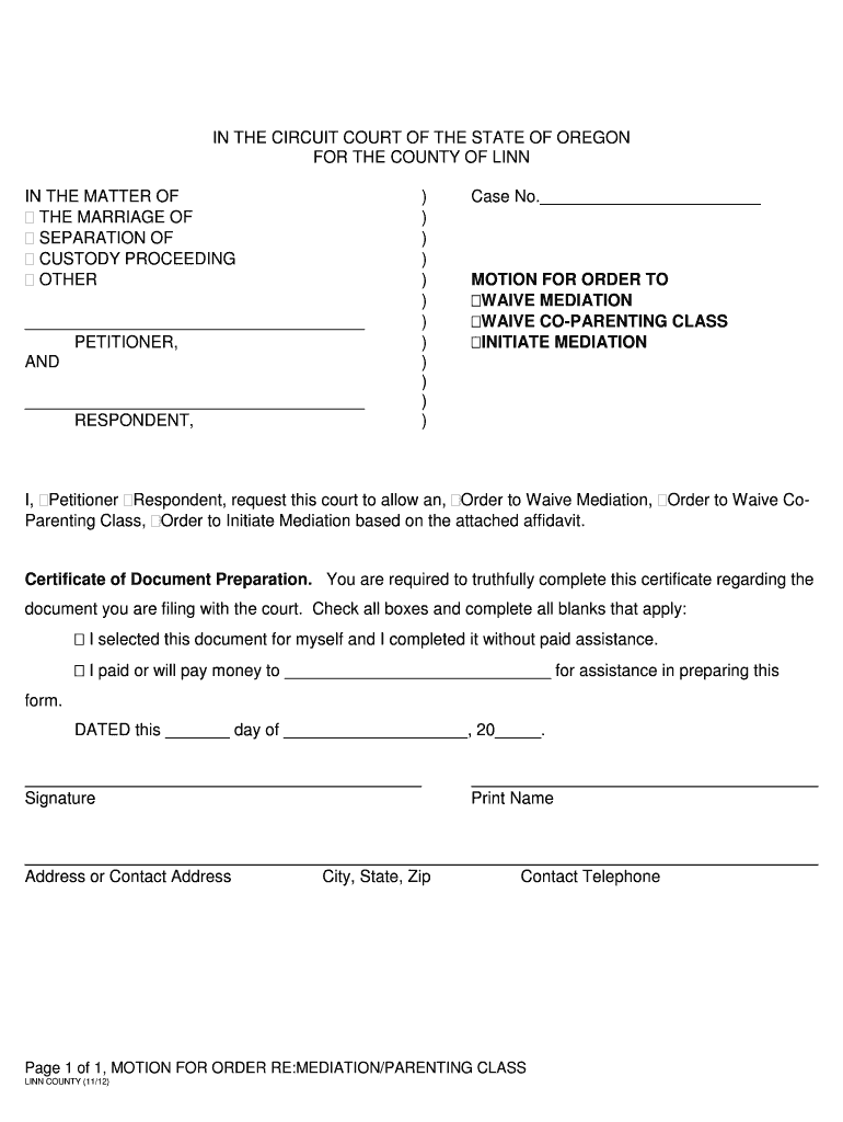 Fillable Online courts oregon Motion to Initiate or Waive Mediation