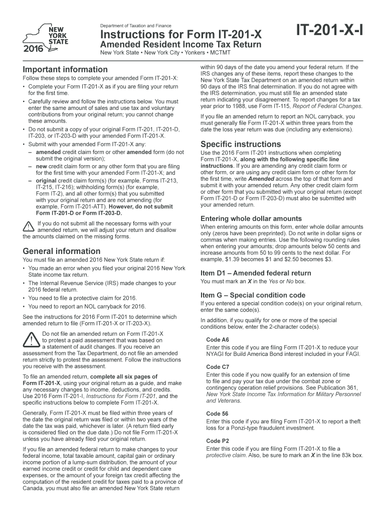 2016 Form NY DTF IT201XI Fill Online, Printable