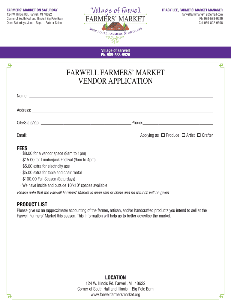 Fillable Online farwellfarmersmarket FARWELL FARMERS! MARKET VENDOR