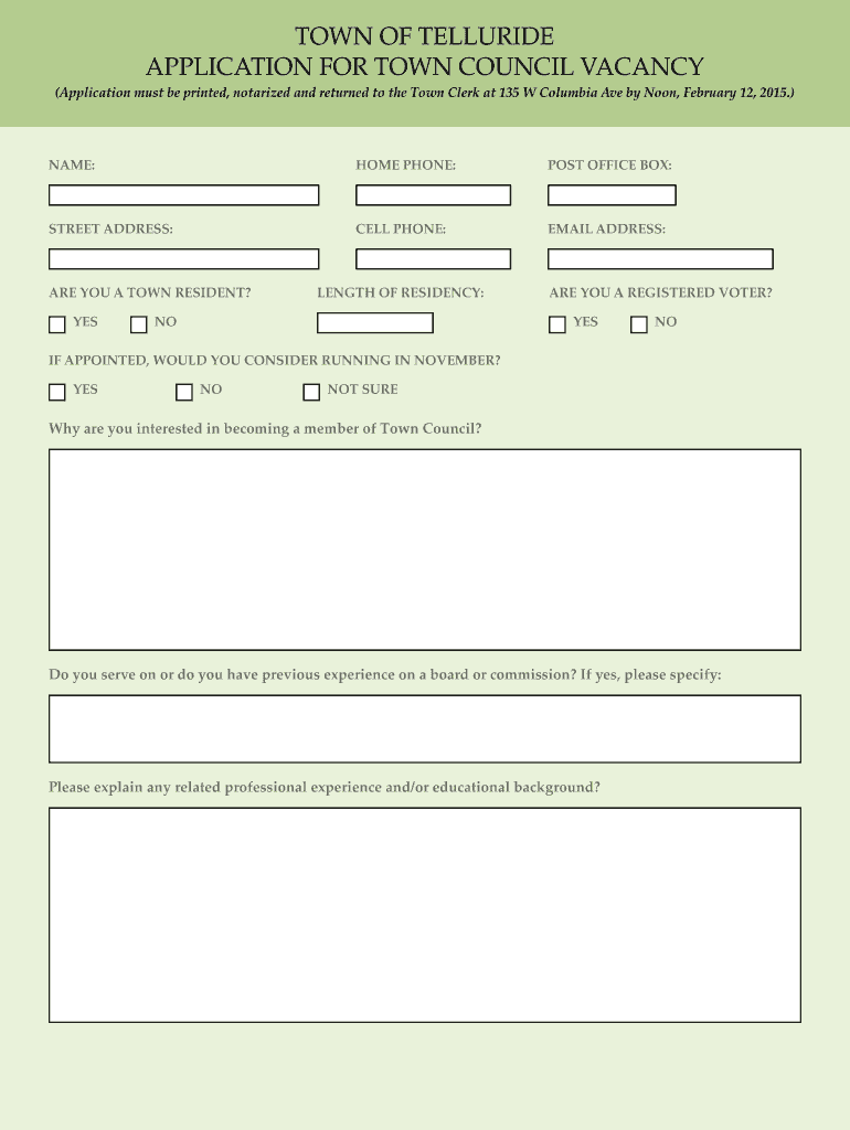 Fillable Online tellurideco town of telluride application for town
