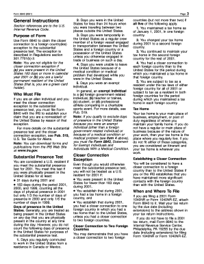 Fillable Online 2001 Form 8840. Closer Connection Exception Statement