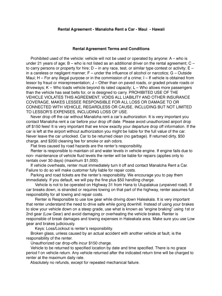 Fillable Online Rental Agreement Manaloha Rent a Car Maui Hawaii