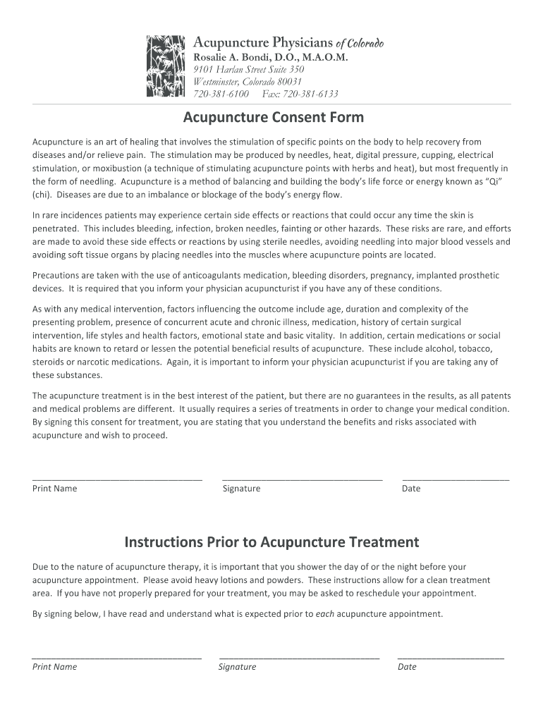 Fillable Online Acupuncture Consent Form Acupuncture Physicians of