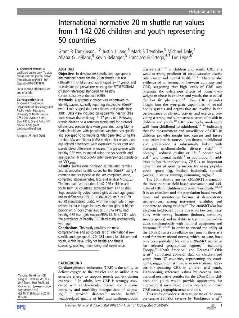 Fillable Online International normative 20 m shuttle run values Fax