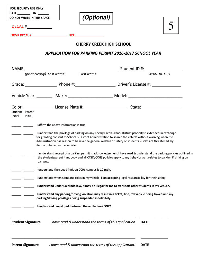 Fillable Online Cherry Creek High School STUDENT VEHICLE REGISTRATION
