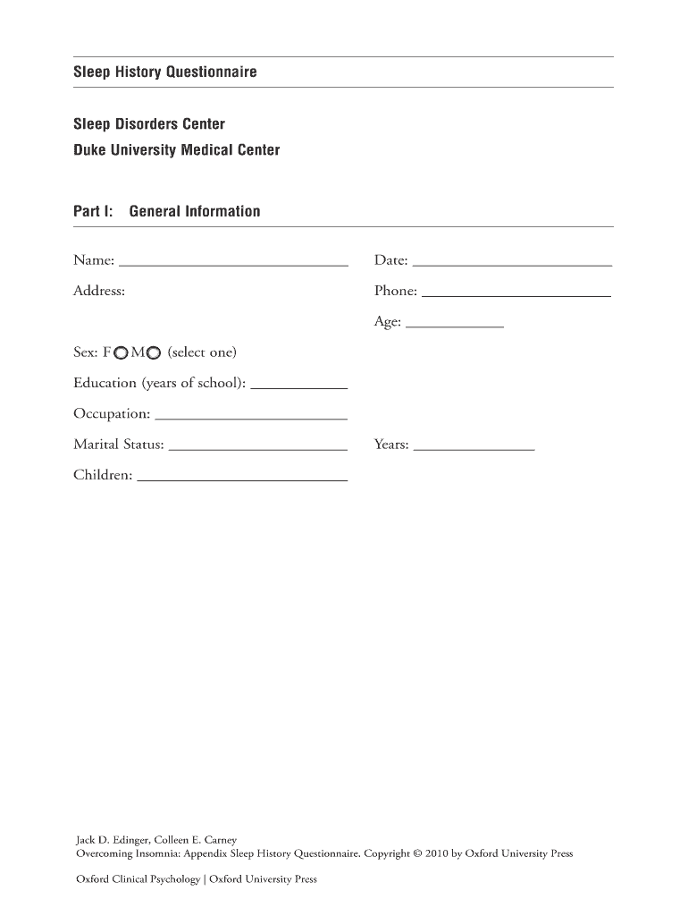 Fillable Online Sleep History Questionnaire Sleep Disorders Center Duke Fax Email Print