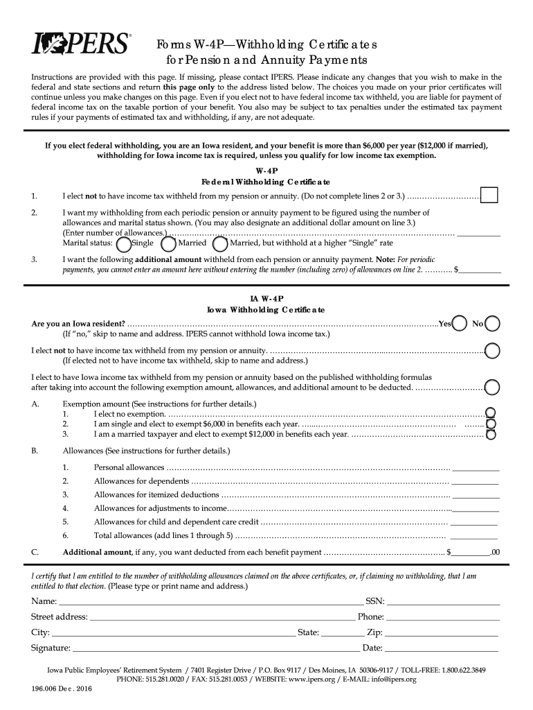 Fillable Online ipers FORMS W-4P WITHHOLDING CERTIFICATES FOR PENSION