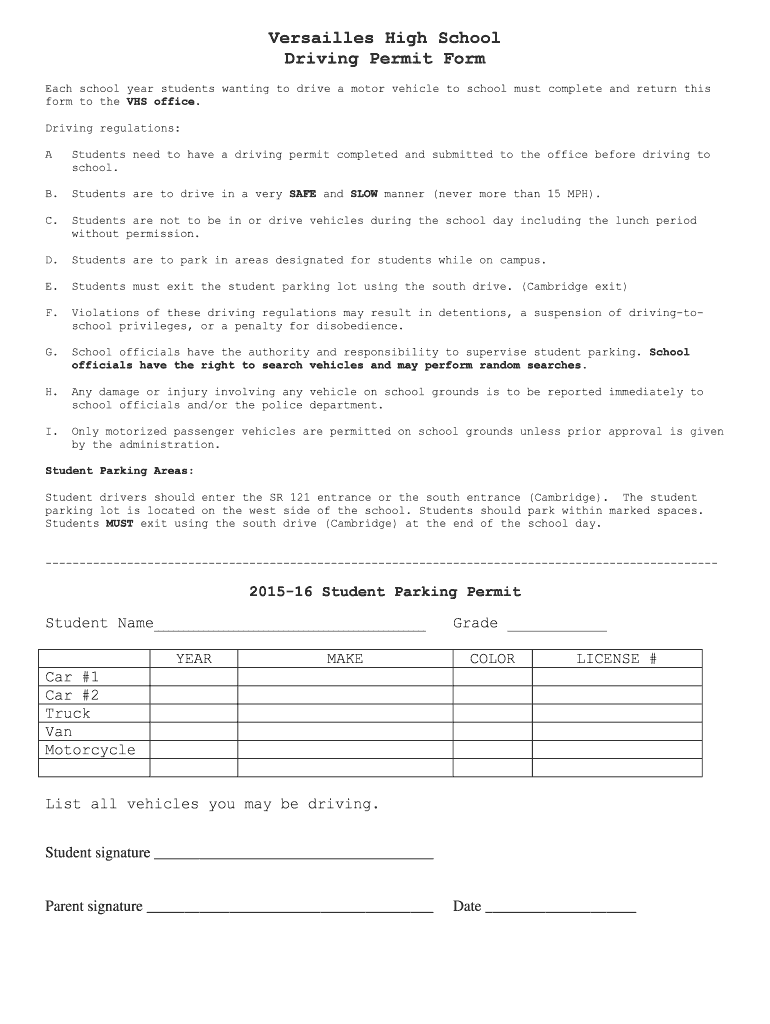 Fillable Online versailles k12 oh Driving Permit for Students