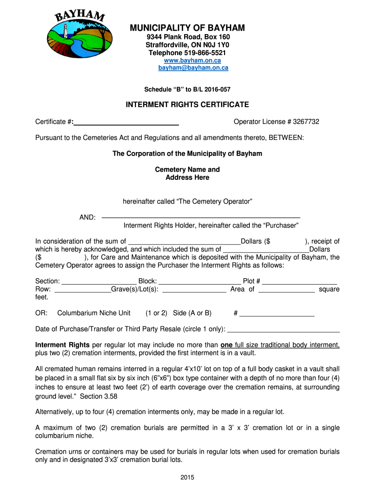 Interment Rights Certificate Fill Online, Printable, Fillable, Blank pdfFiller