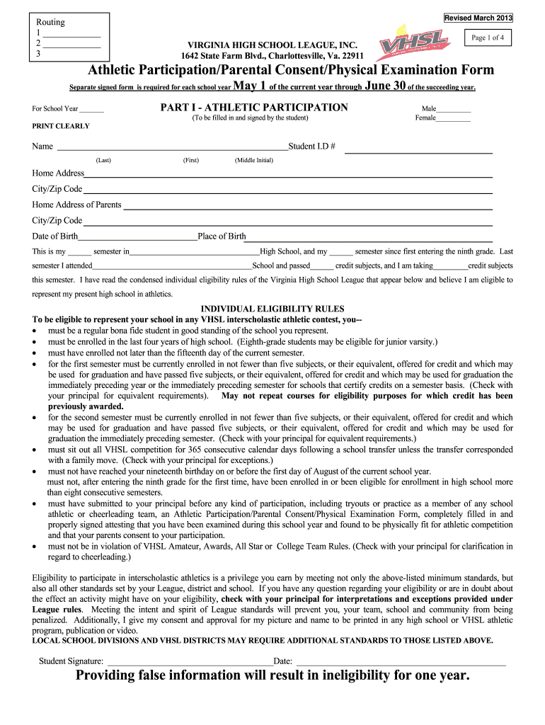 VHSL Athletic Participation/Parental Consent/Physical Examination Form