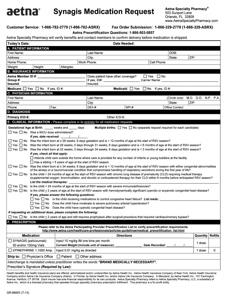 Fillable Online Synagis Medication Request Aetna Specialty Pharmacy Fax
