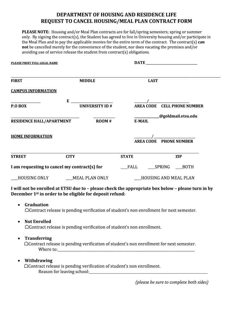 Fillable Online etsu DEPARTMENT OF HOUSING AND RESIDENCE LIFE REQUEST