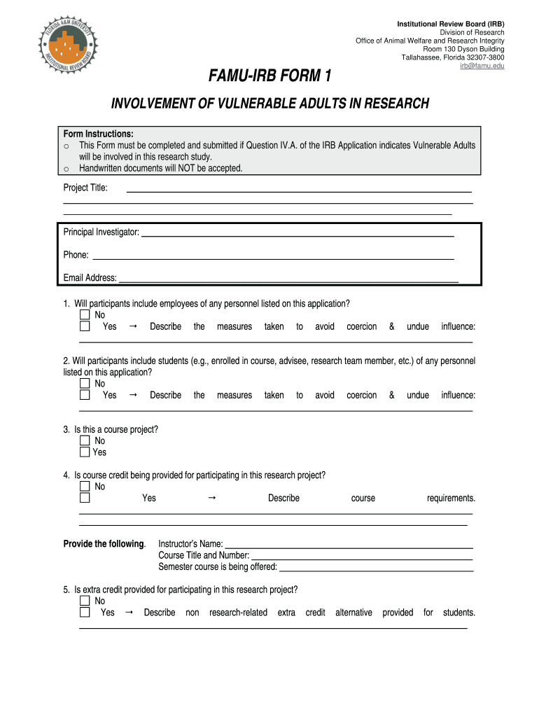 Fillable Online famu Famuirb form 1 involvement of vulnerable adults