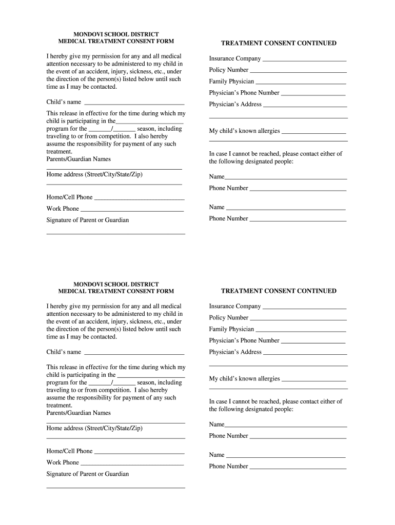 Fillable Online mondovi k12 wi 5) Medical Treatment Consent Form