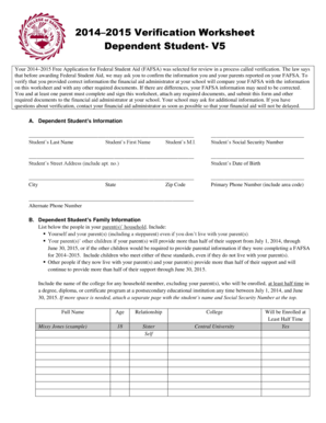 Fillable Online ccsj 2014-2015 V5 Verification Worksheet Dep Stdt