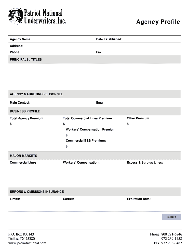 Fillable Online Agency Profile Form Old Glory Insurance Company Fax