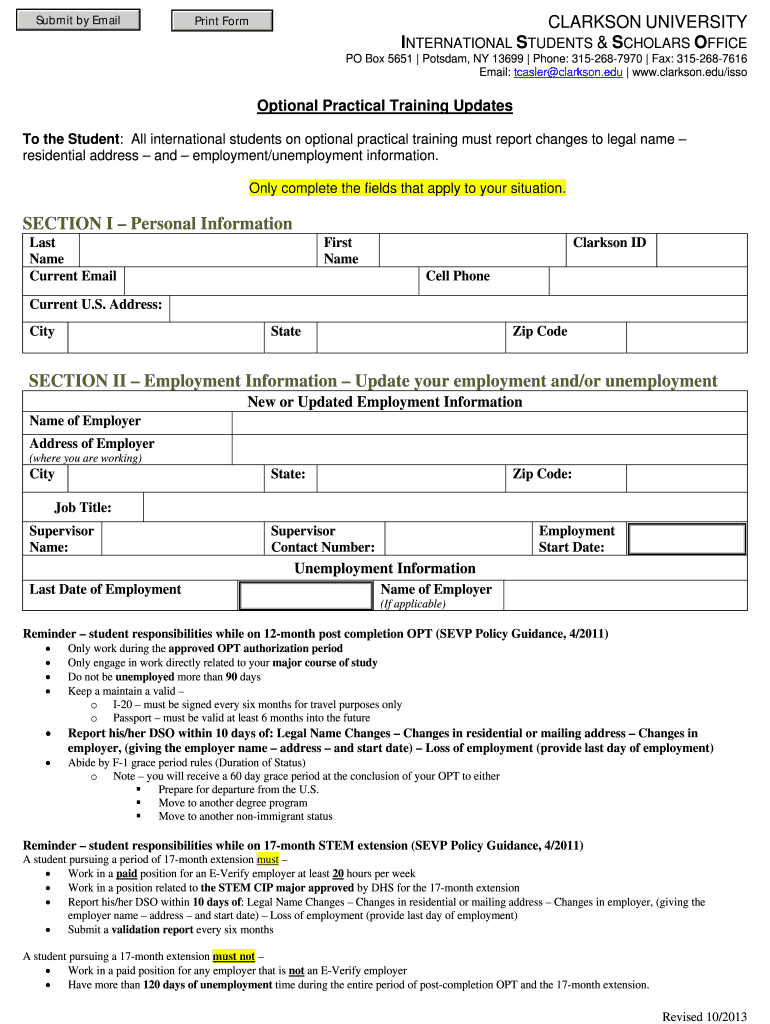 Fillable Online clarkson SECTION II Employment Information Update your