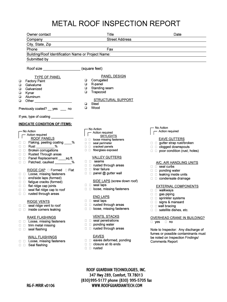 Fillable Online METAL ROOF INSPECTION REPORT Roof Guardian
