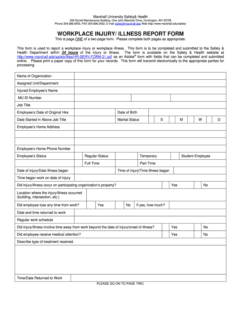 Fillable Online marshall Workplace Injury/Illness Report Form