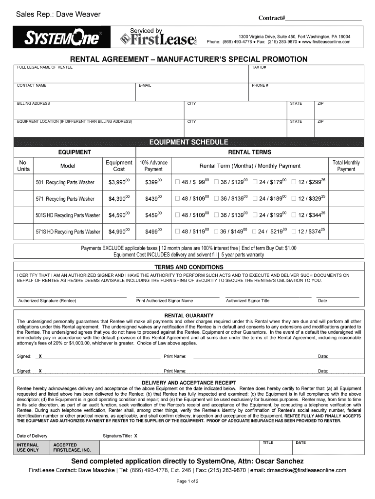 Fillable Online LEASE AGREEMENT One Parts Washer System Fax Email