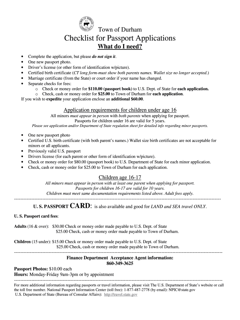 Fillable Online townofdurhamct Checklist for Passport Applications