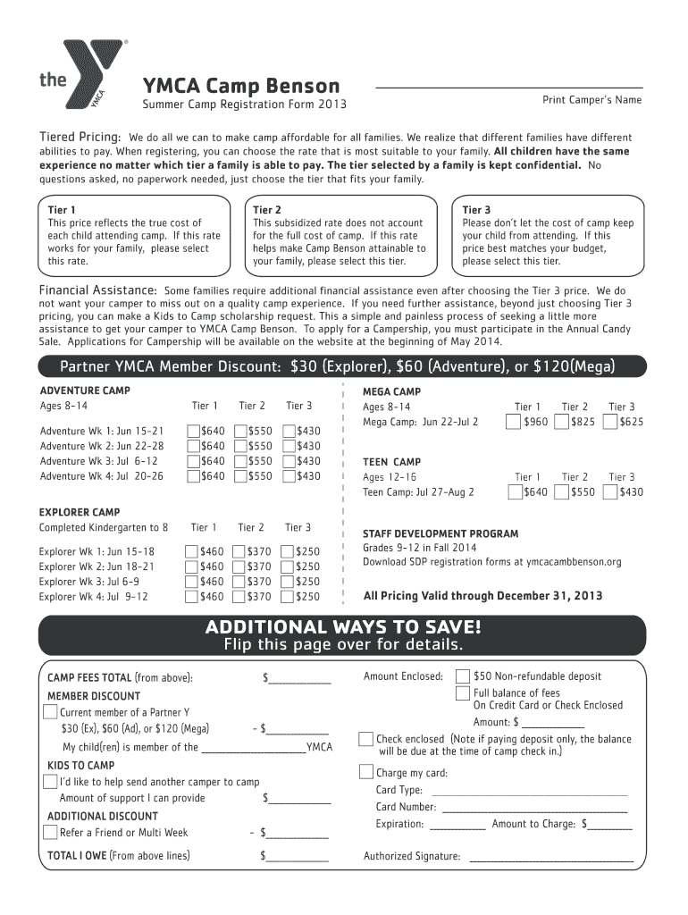 Fillable Online 2014 YCB Registration form YMCA Camp Benson Fax Email