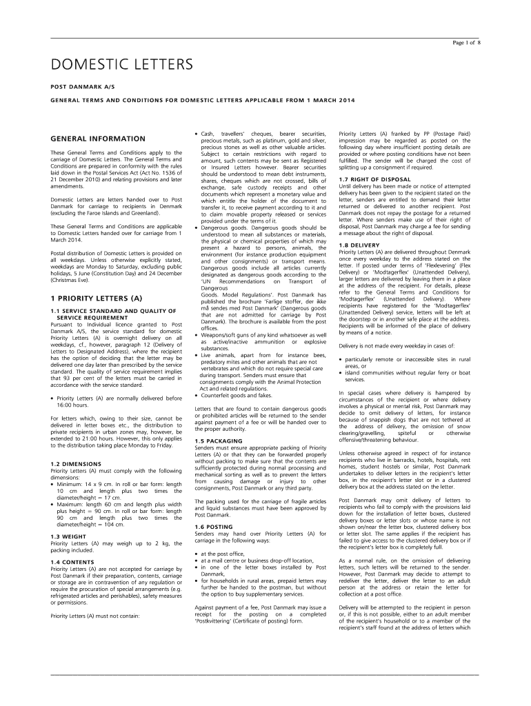Fillable Online postdanmark DOMESTIC LETTERS Post Danmark Fax Email