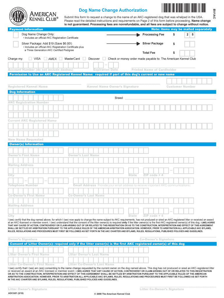 Fillable Online Dog Name Change Authorization Form American Kennel