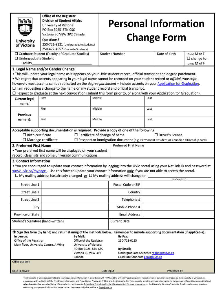 Fillable Online uvic Personal Information Change Form University of